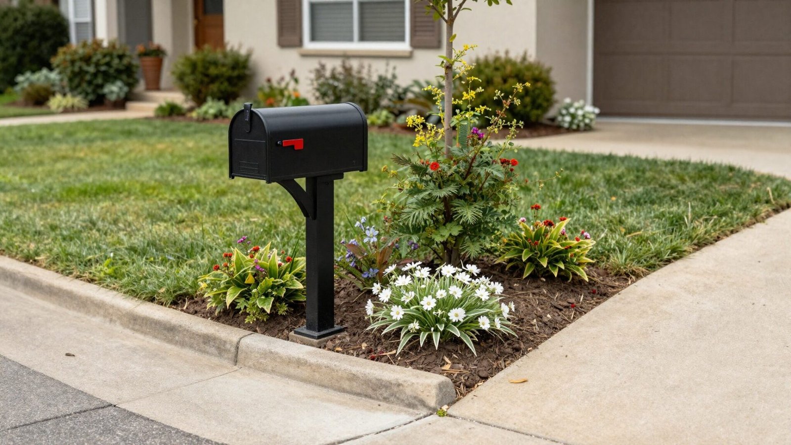 Mailbox surrounded by a small coordinated planting bed at the end of a driveway