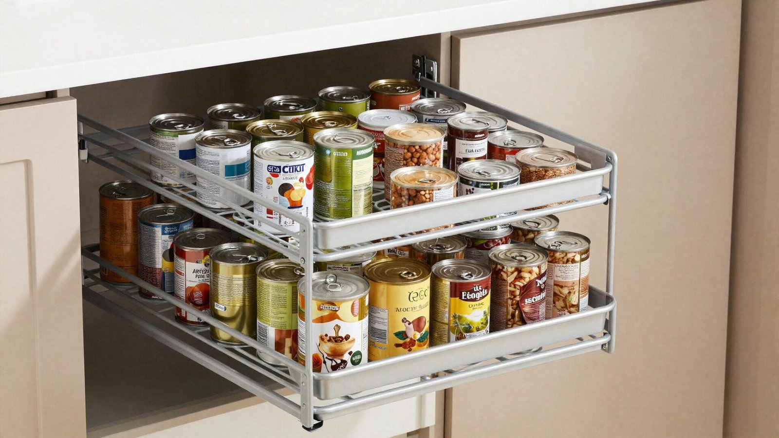 Pantry cabinet with pull-out shelving system extended showing organized canned goods