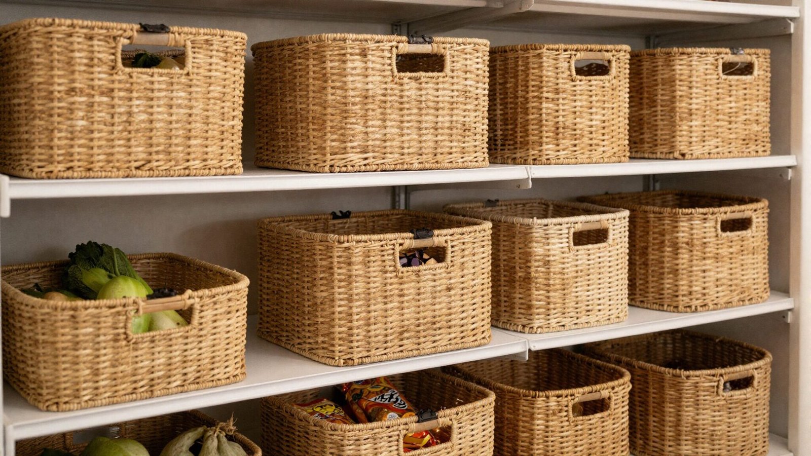 Pantry shelves lined with natural woven rattan baskets holding produce and snacks