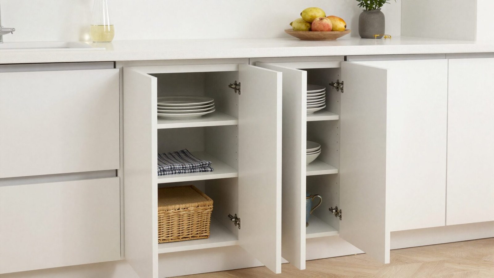 Kitchen counter with hidden pantry cabinet doors open revealing organized shelving