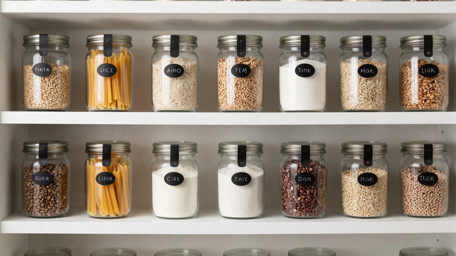 Pantry shelf with matching labeled glass jars holding pasta rice flour and grains