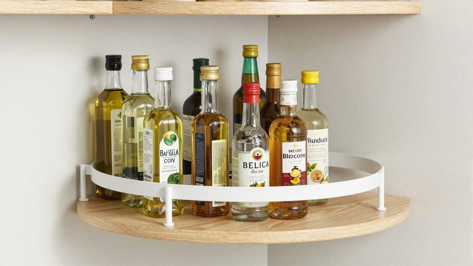 Pantry corner shelf with rotating lazy susan holding bulk oils and condiment bottles