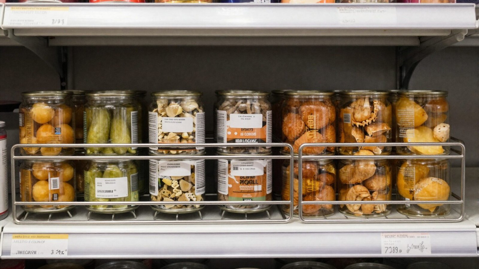 Pantry shelf with tiered metal can riser displaying canned goods in visible rows