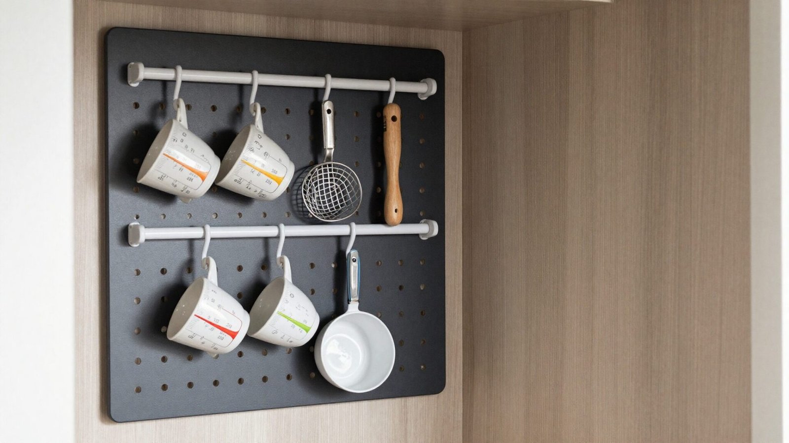 Pantry inside door with pegboard holding measuring cups and small kitchen gadgets on hooks