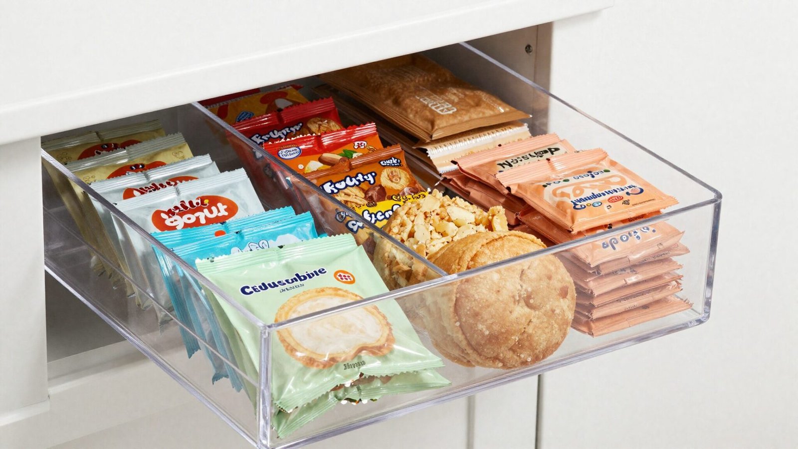 Pantry drawer with clear acrylic dividers holding individually organized snack packets