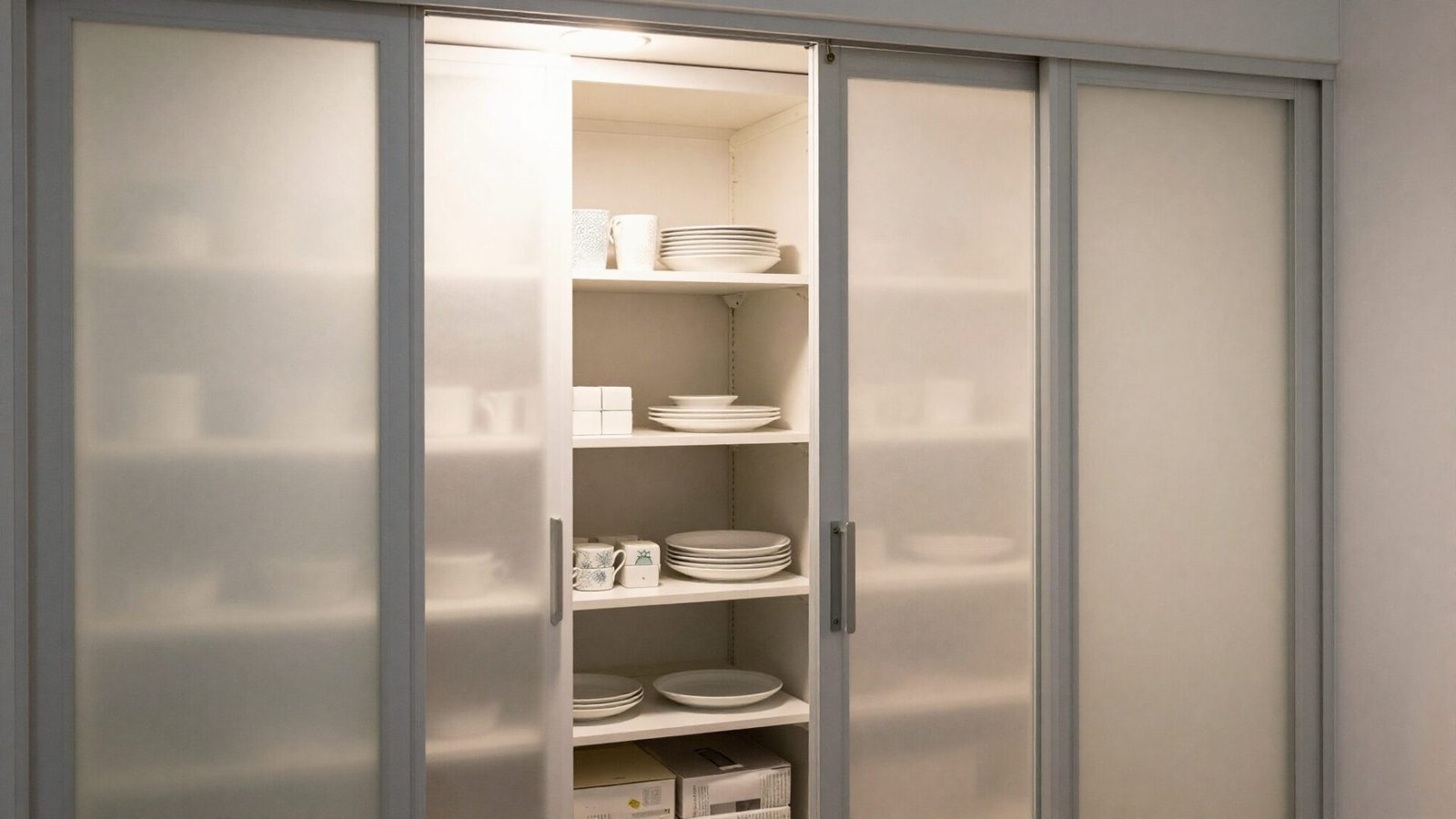 Pantry with frosted glass sliding doors partially open revealing organized shelves