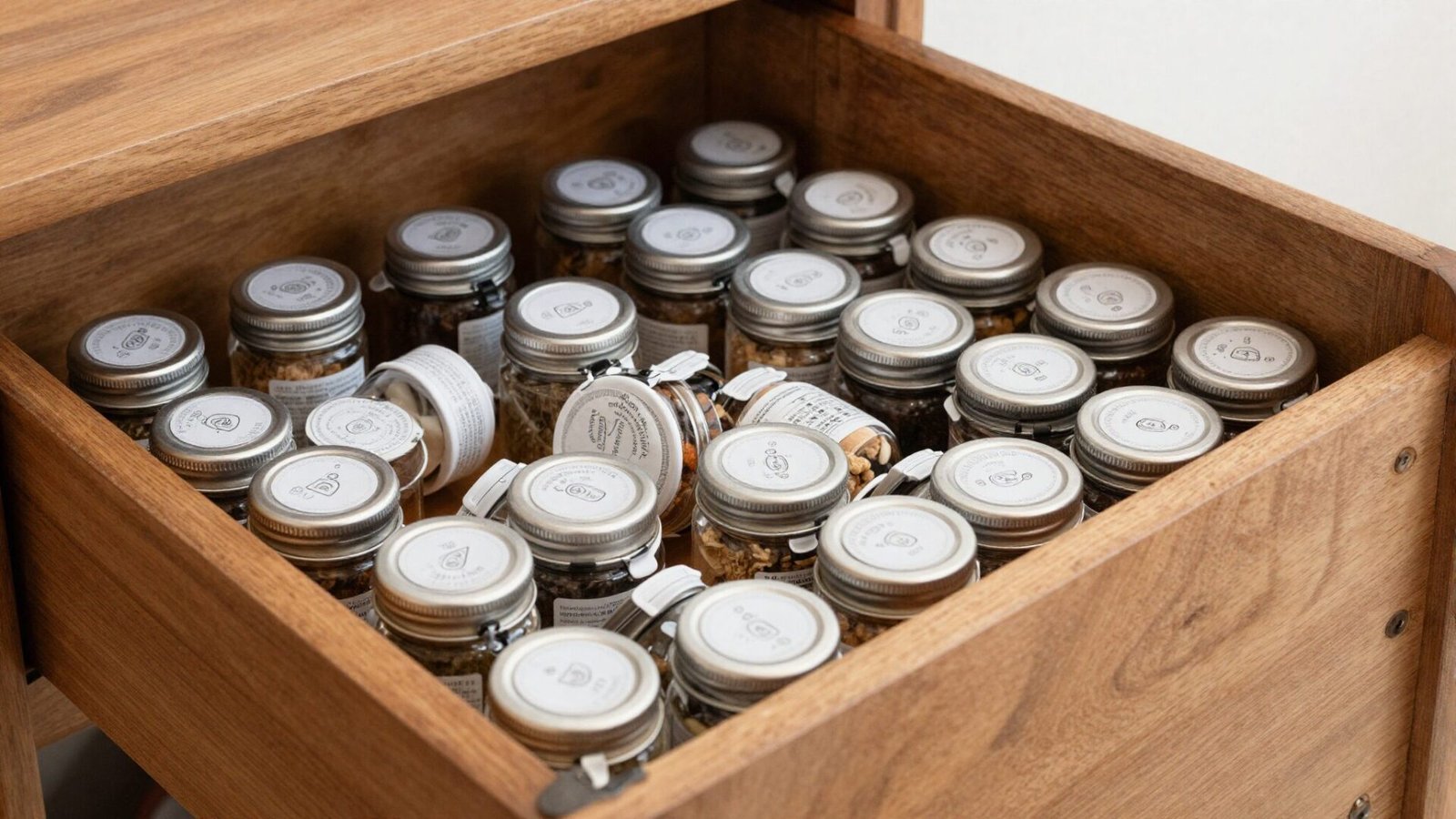 Pull-out wood-lined spice drawer with small labeled jars arranged in neat rows