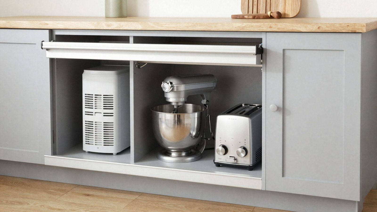 Pantry appliance garage cabinet with roll-up door concealing stand mixer and toaster