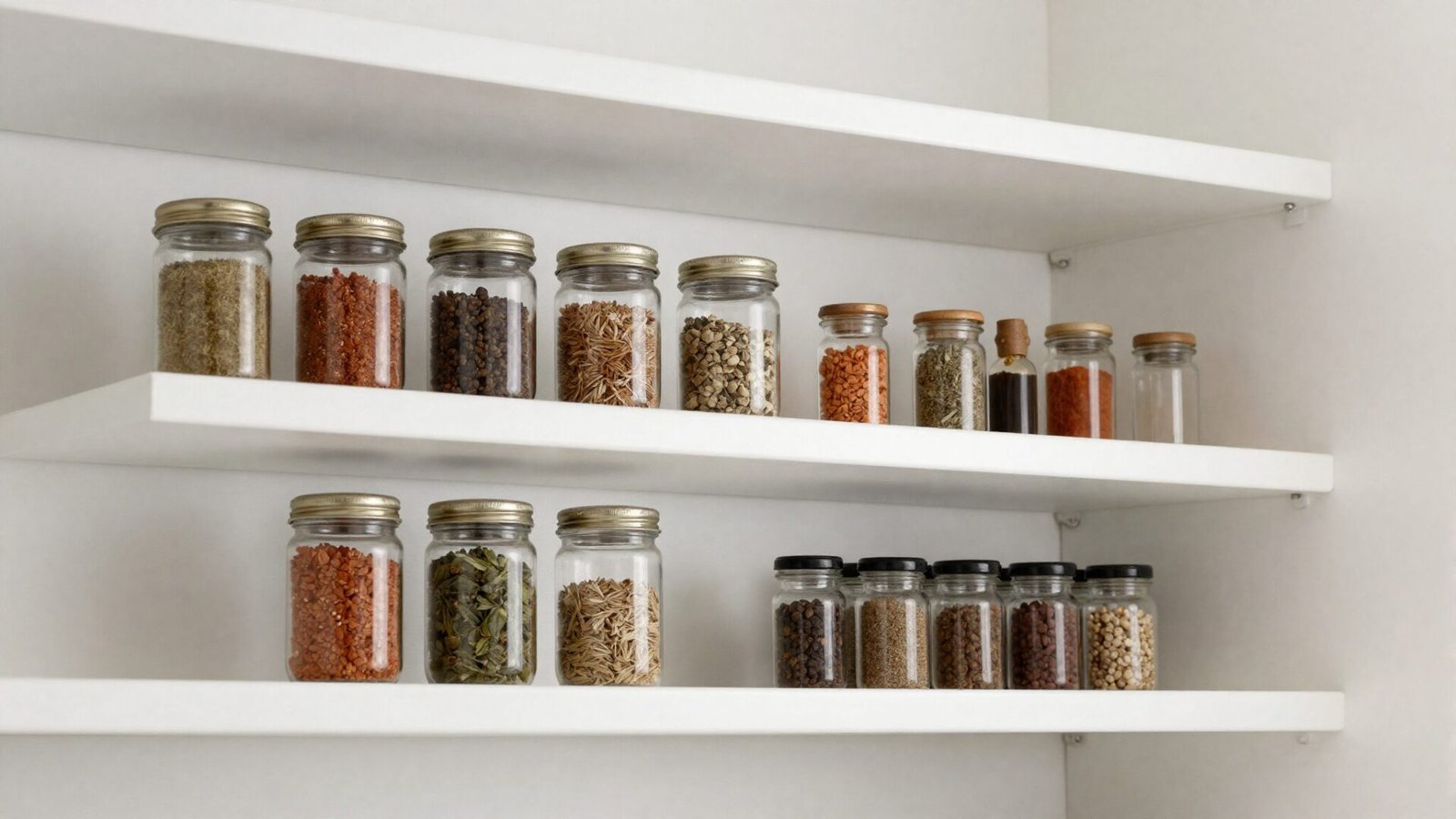 Pantry shelf with white tiered step shelf risers displaying spice jars and small bottles