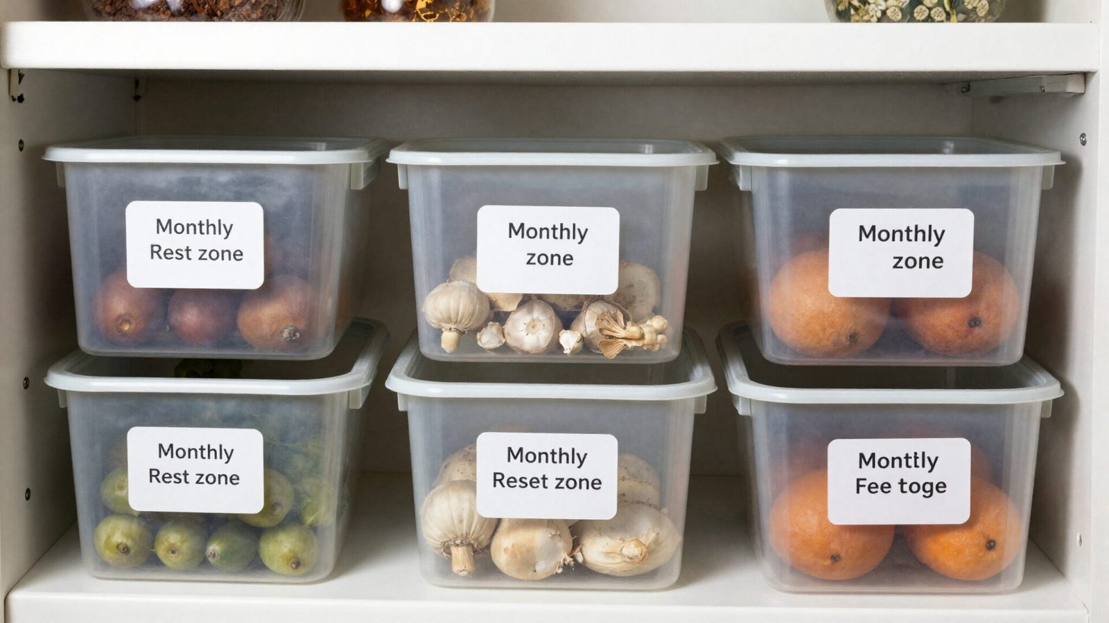 Pantry shelf with a dated labeled bin marked for a monthly reset zone