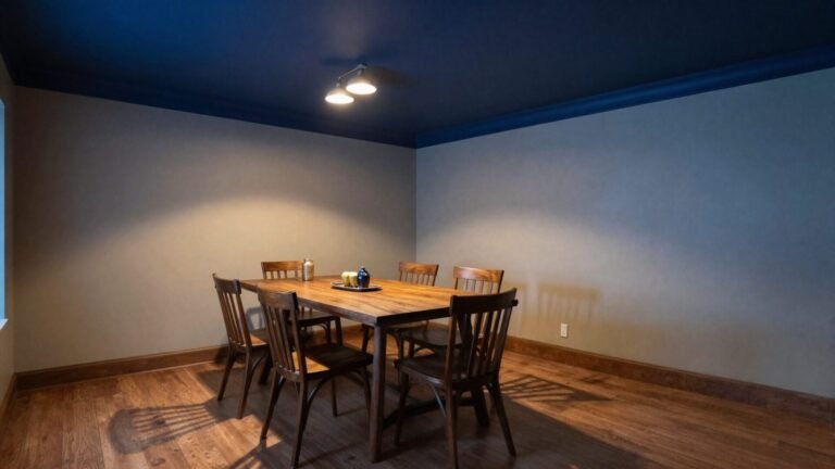 Dining room with deep indigo blue painted ceiling and lighter walls below
