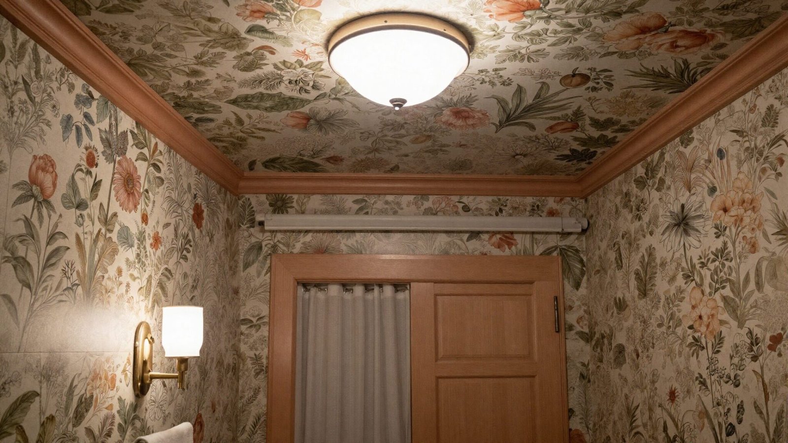 Powder room with floral wallpaper applied to the ceiling in a jewel-box atmosphere