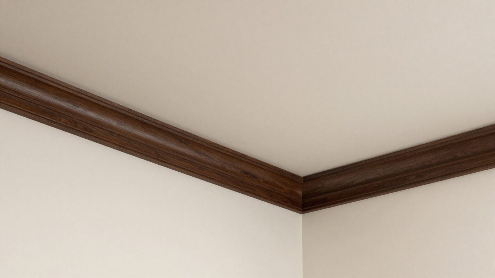 Living room ceiling with modernized crown molding in dark wood tone