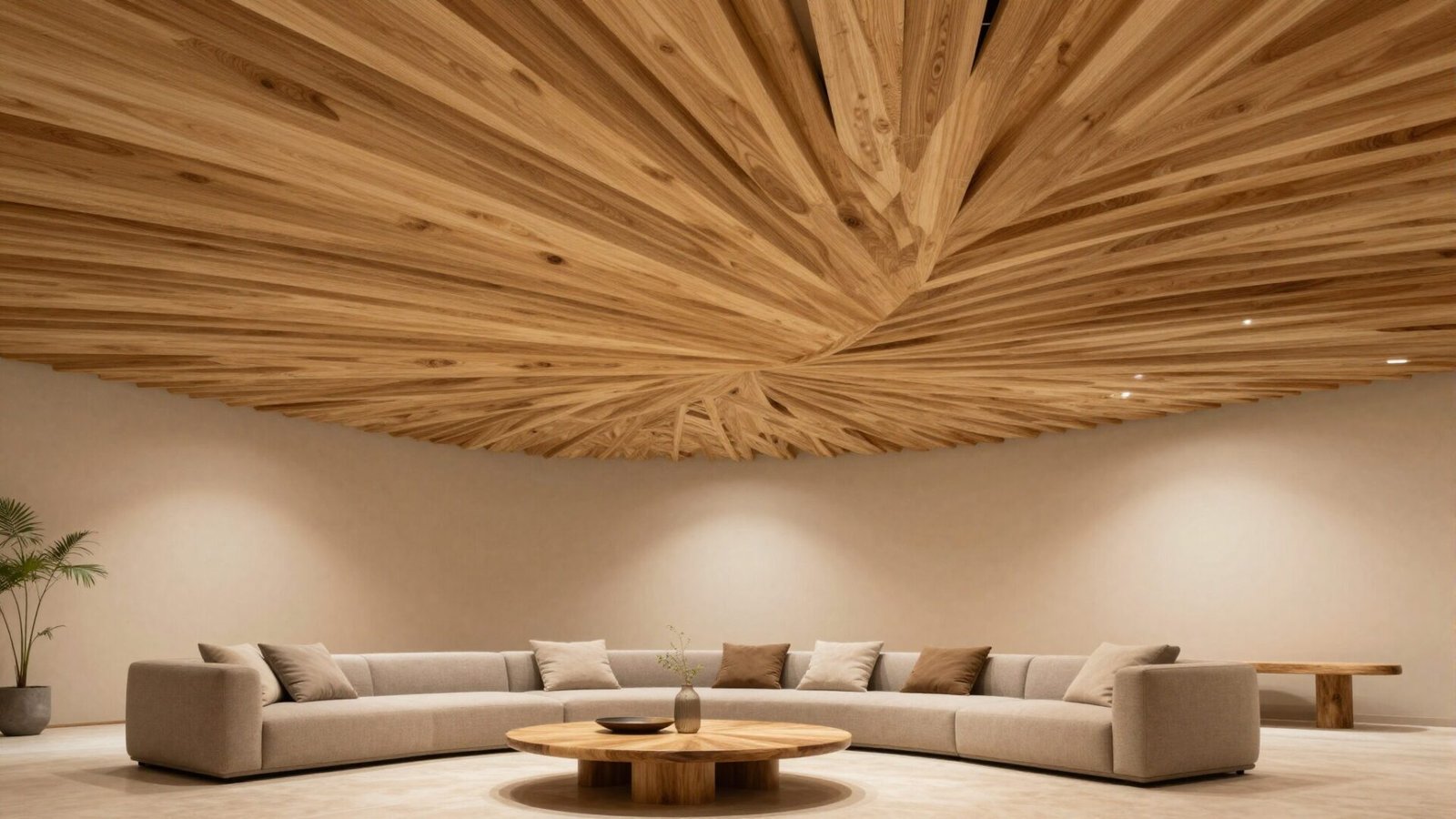Living room with organic wood slat ceiling canopy in a warm natural pattern