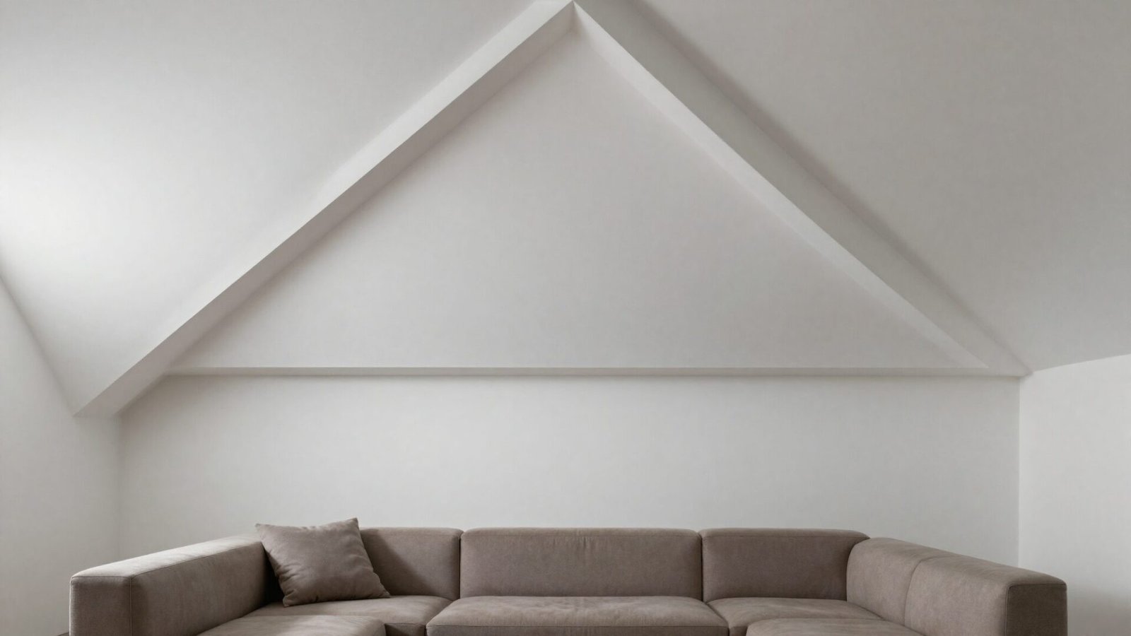 Living room with geometric triangular tray ceiling and white painted recessed panels