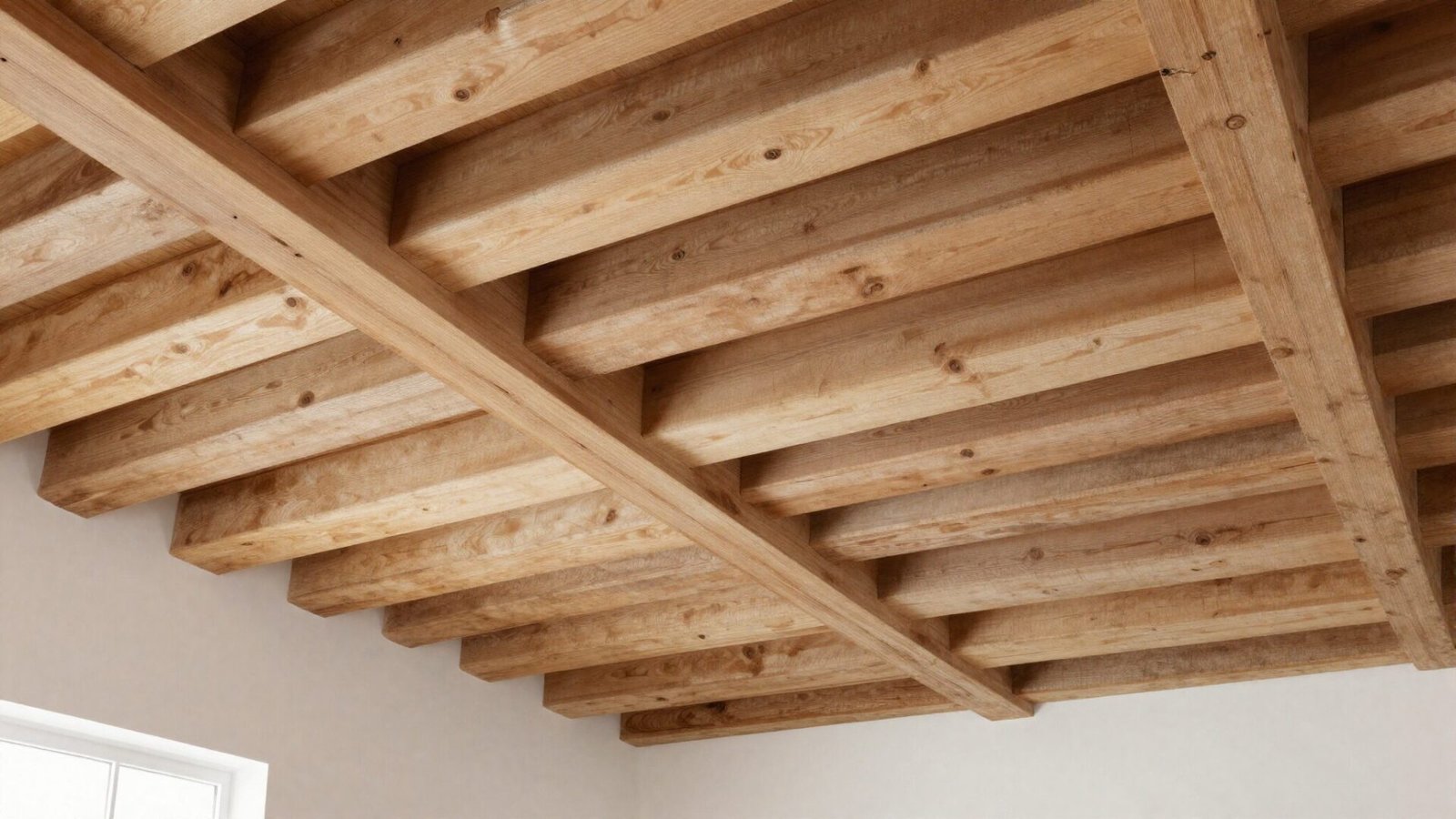 Home office with coffered beam ceiling featuring exposed natural wood beams in a grid pattern