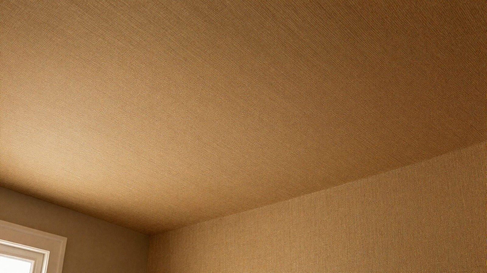 Cozy den with tweed textured wallpaper applied to the ceiling