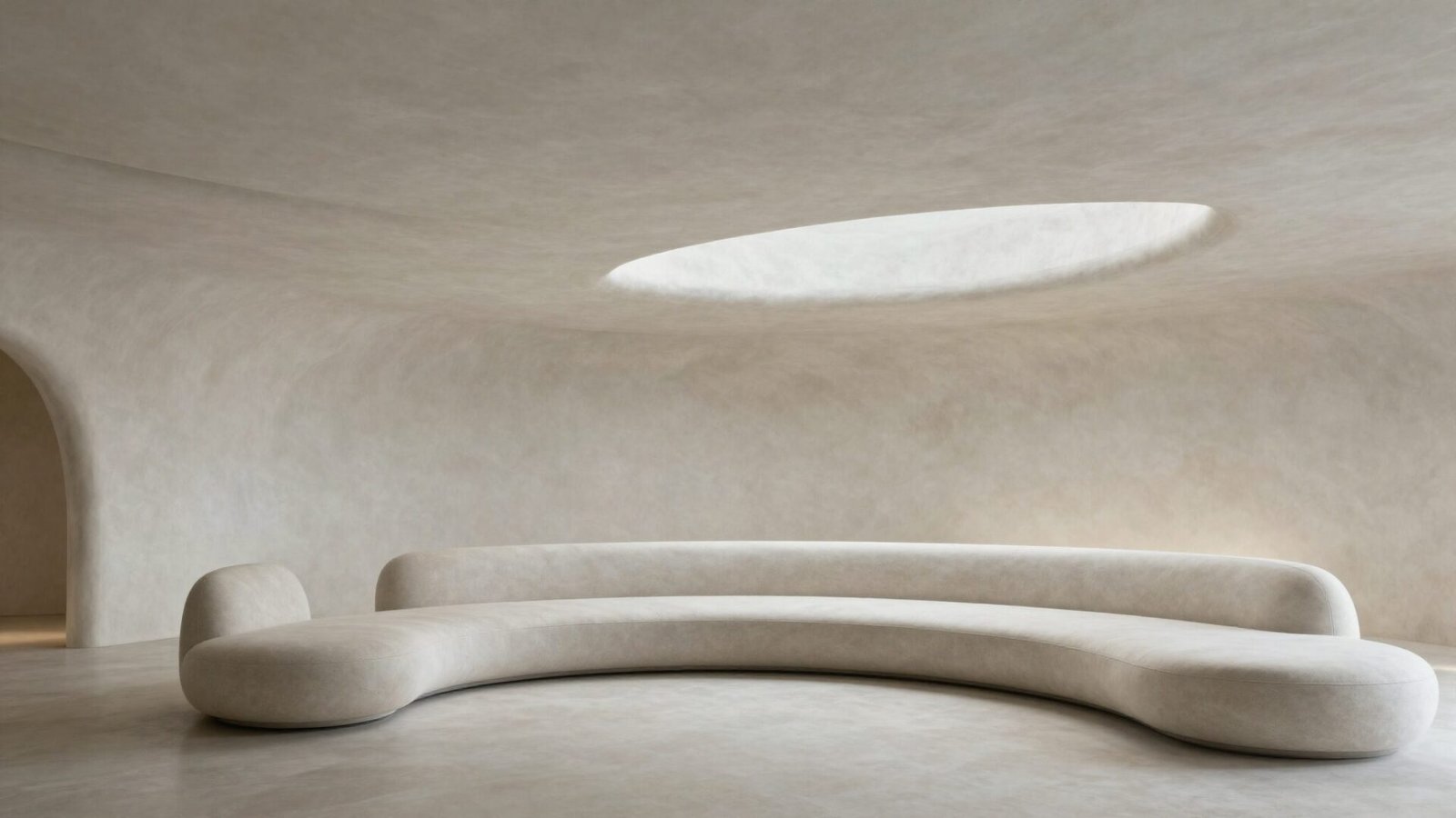 Living room with curved sculpted ceiling in a gentle organic wave shape
