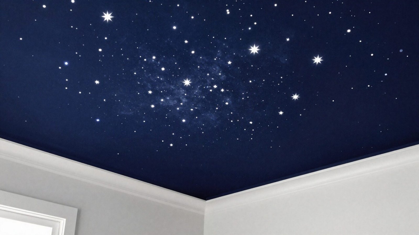 Kid bedroom ceiling with subtle 3D starry night wallpaper in deep navy