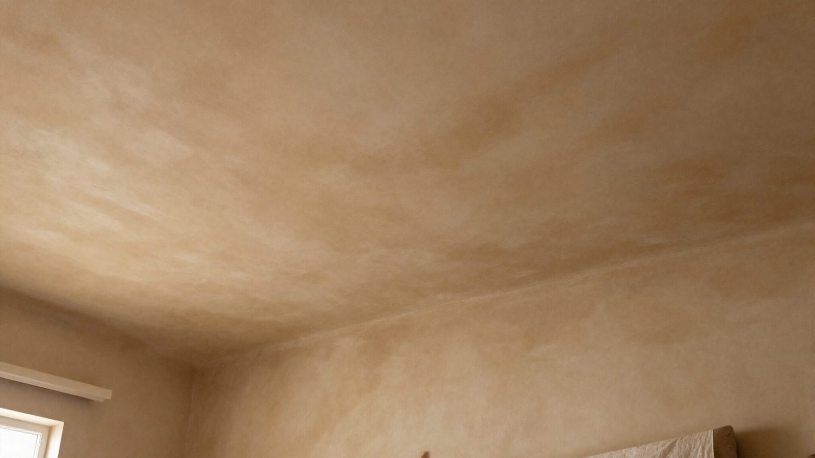 Bedroom with a warm mushroom-toned limewash plaster ceiling finish