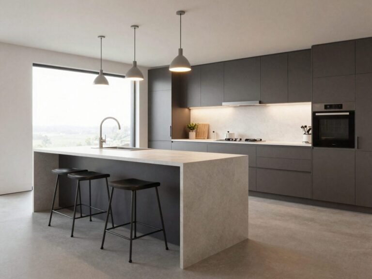 Kitchen island with clear walkway space measured on every side