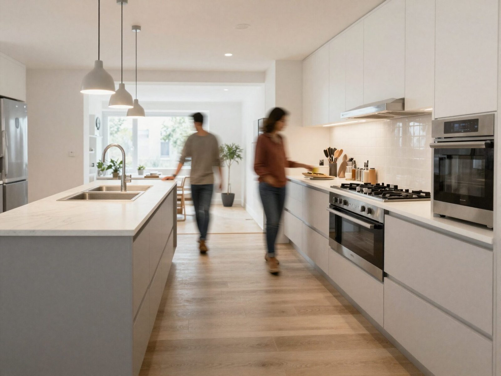 Wide work aisle between a kitchen island and the stove counter