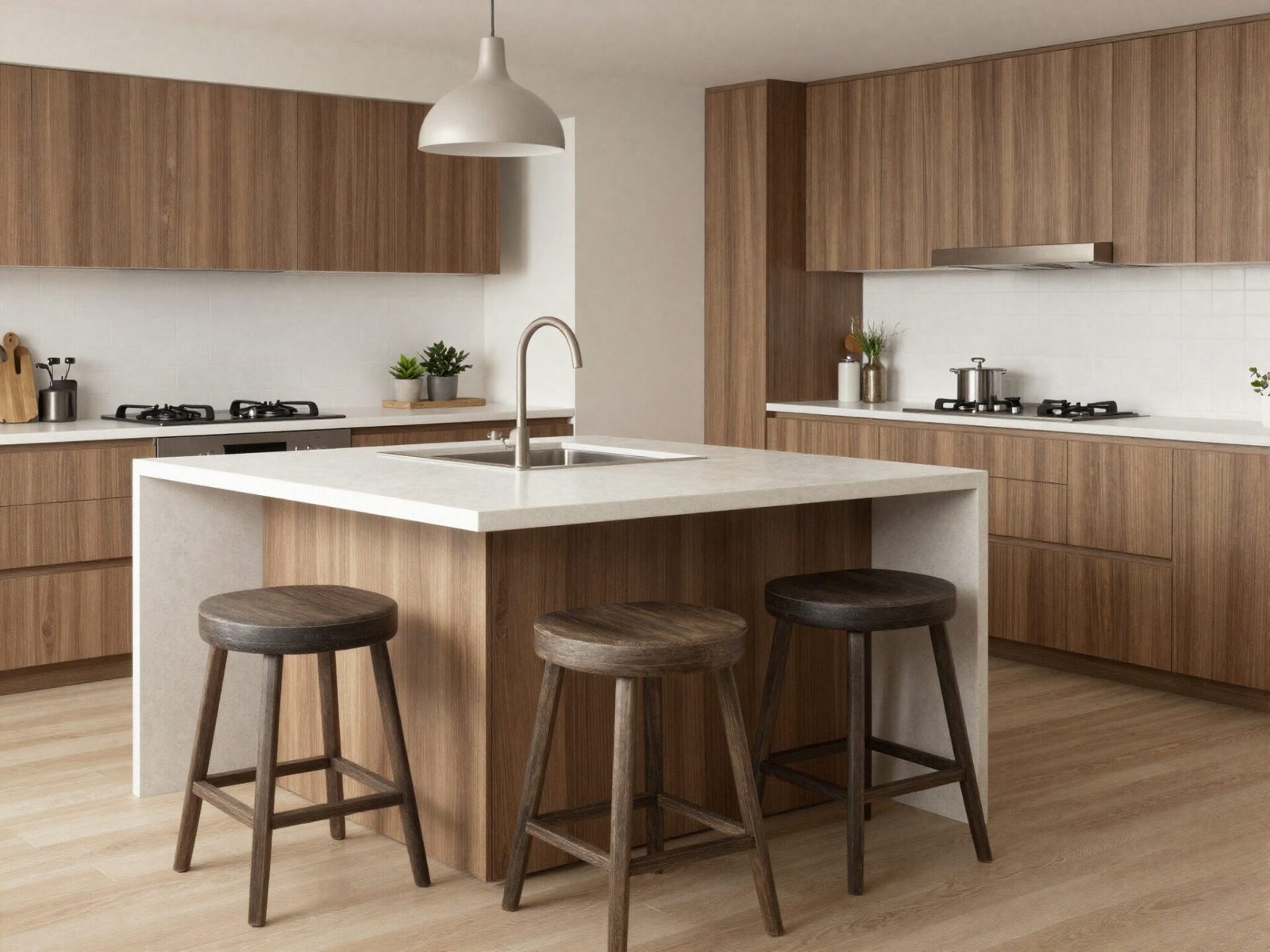 Kitchen island counter-height stools tucked under a countertop overhang