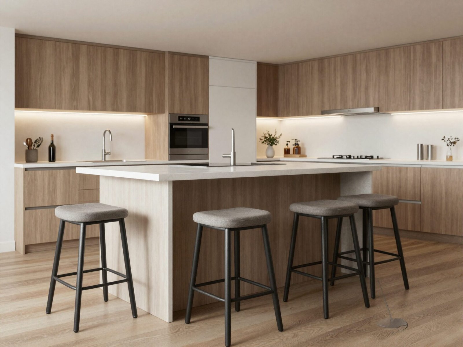 Kitchen island bar-height counter with tall stools underneath