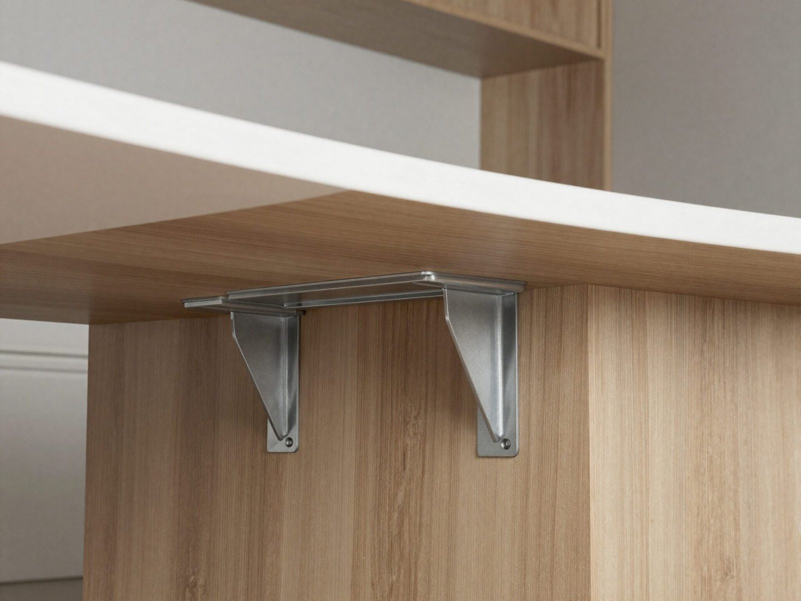 Metal corbel brackets supporting a kitchen island countertop overhang