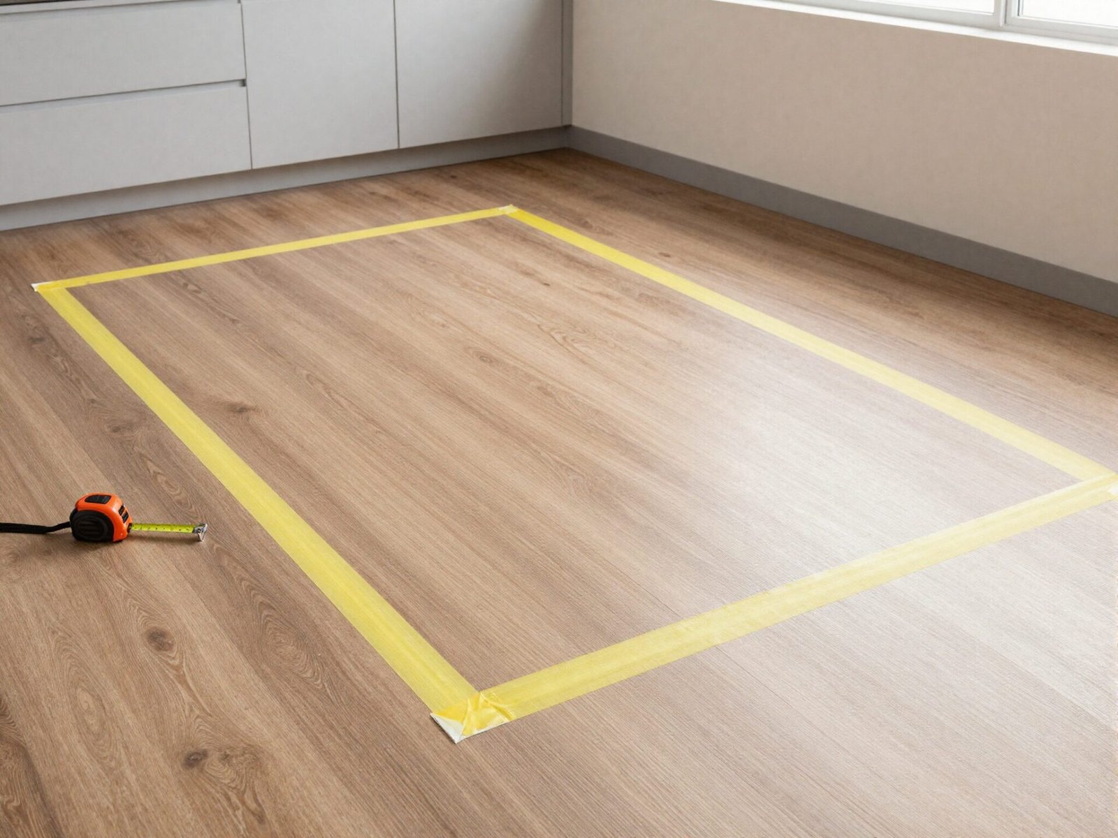 Painter's tape outlining a planned kitchen island footprint on an empty floor