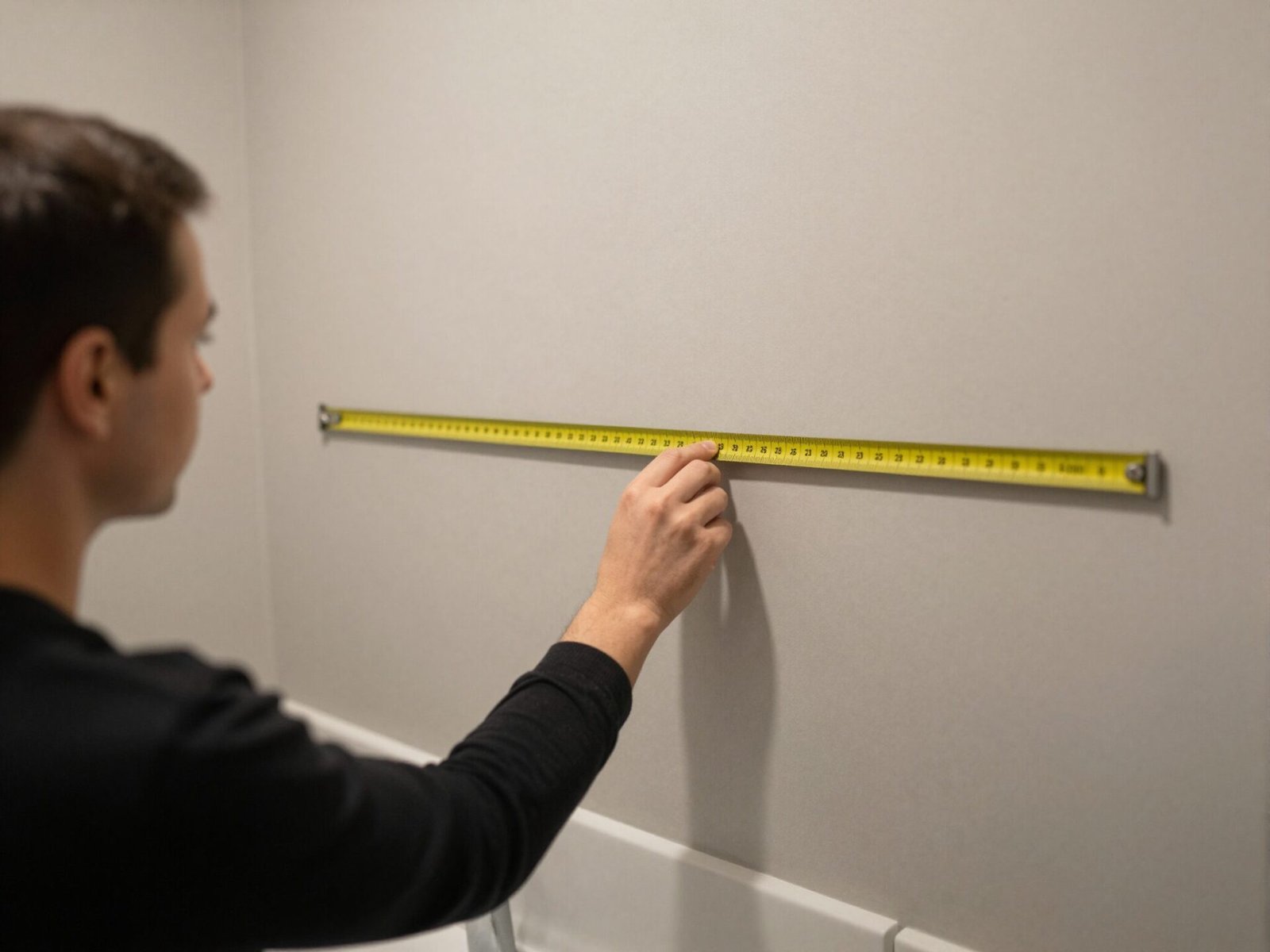 Tape measure stretched across an empty bathroom wall