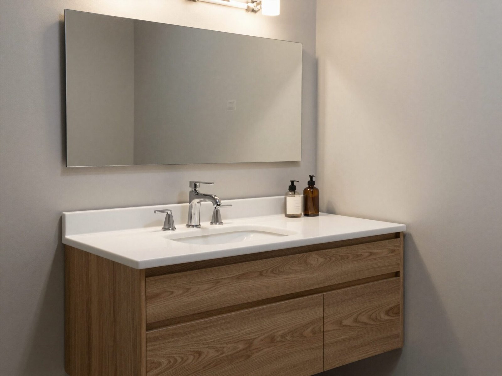 Bathroom with a single sink vanity at standard width