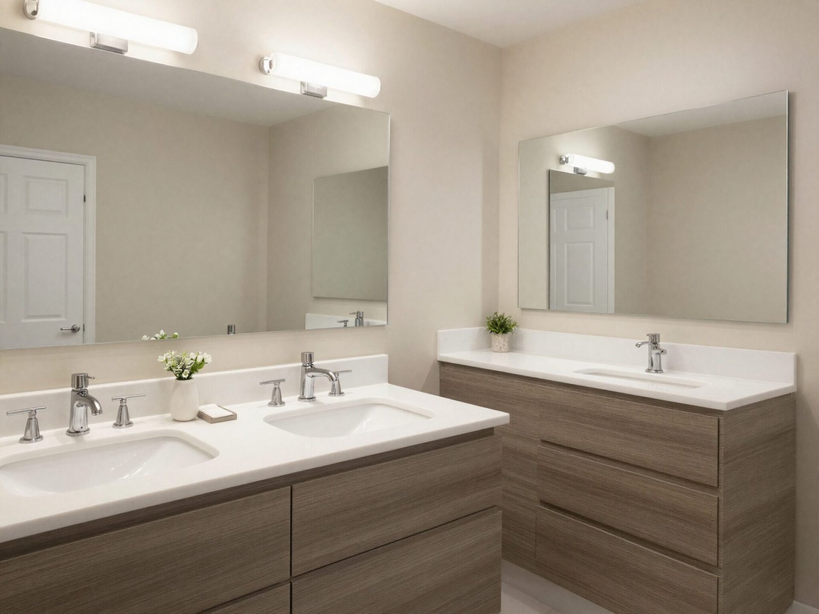 Wide double sink bathroom vanity with two basins and counter space between them