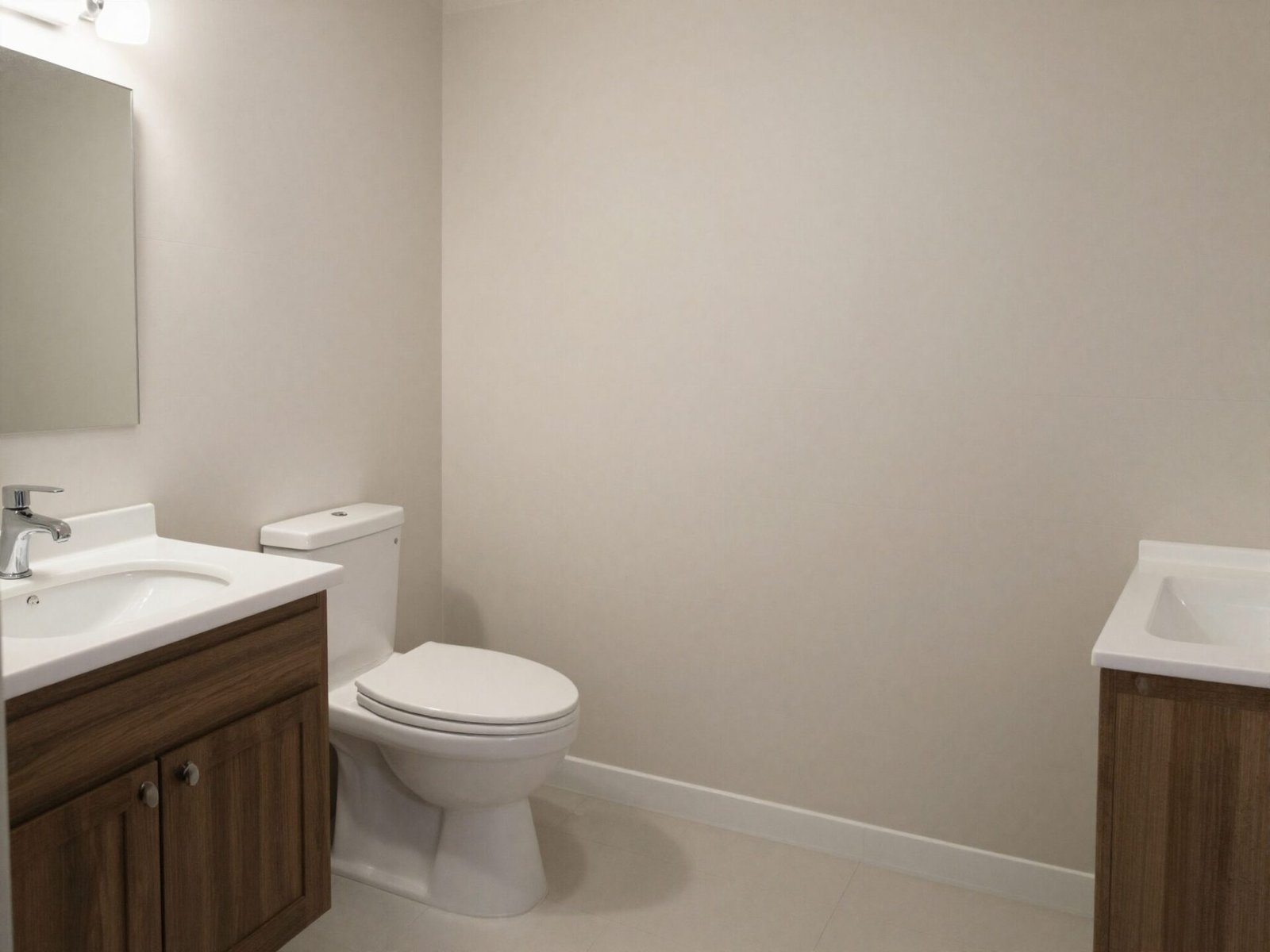 Toilet and vanity positioned with visible spacing between them