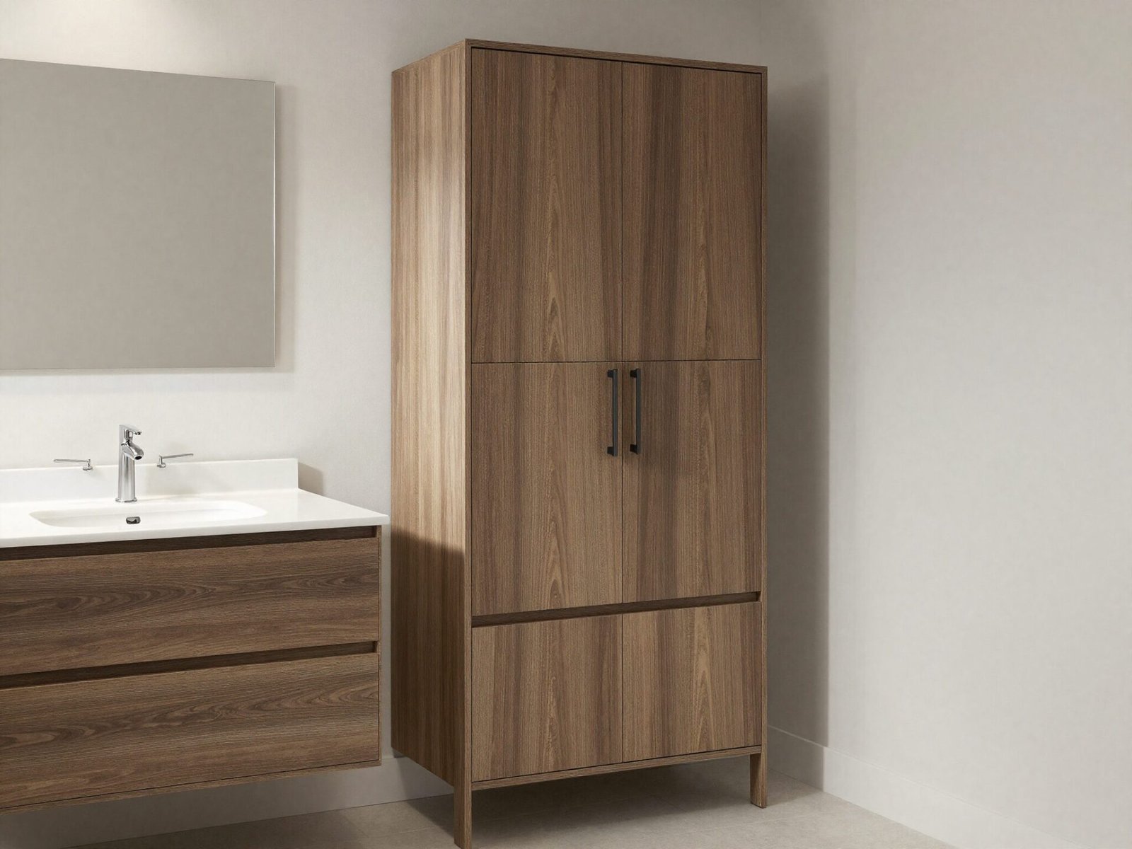 Bathroom vanity built at comfort height matching kitchen counter proportions