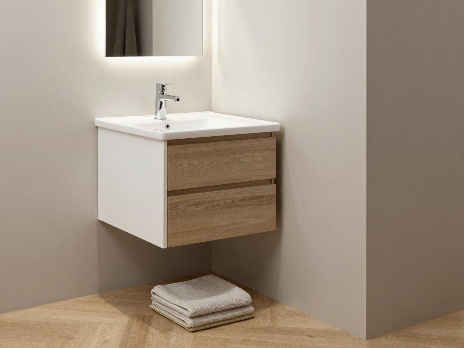 Wall-mounted floating vanity with open floor space beneath it