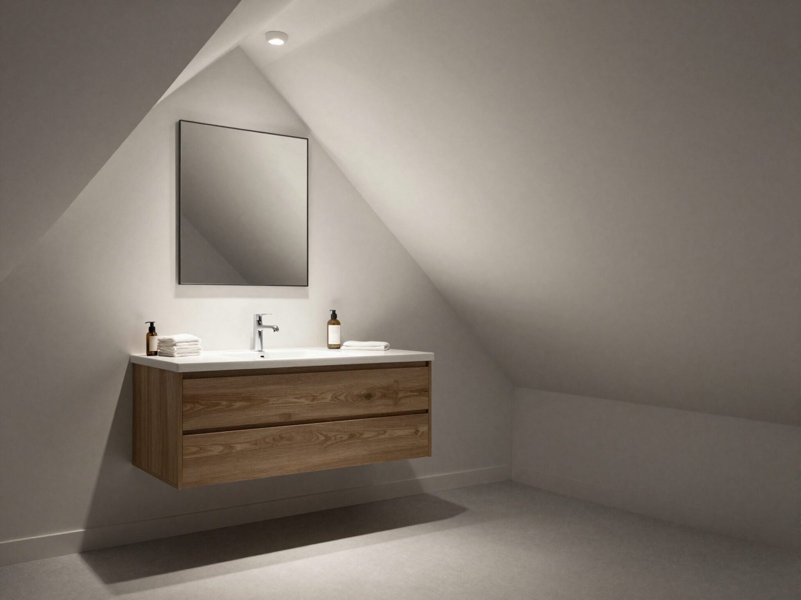 Bathroom vanity positioned under a sloped attic ceiling with reduced overhead clearance