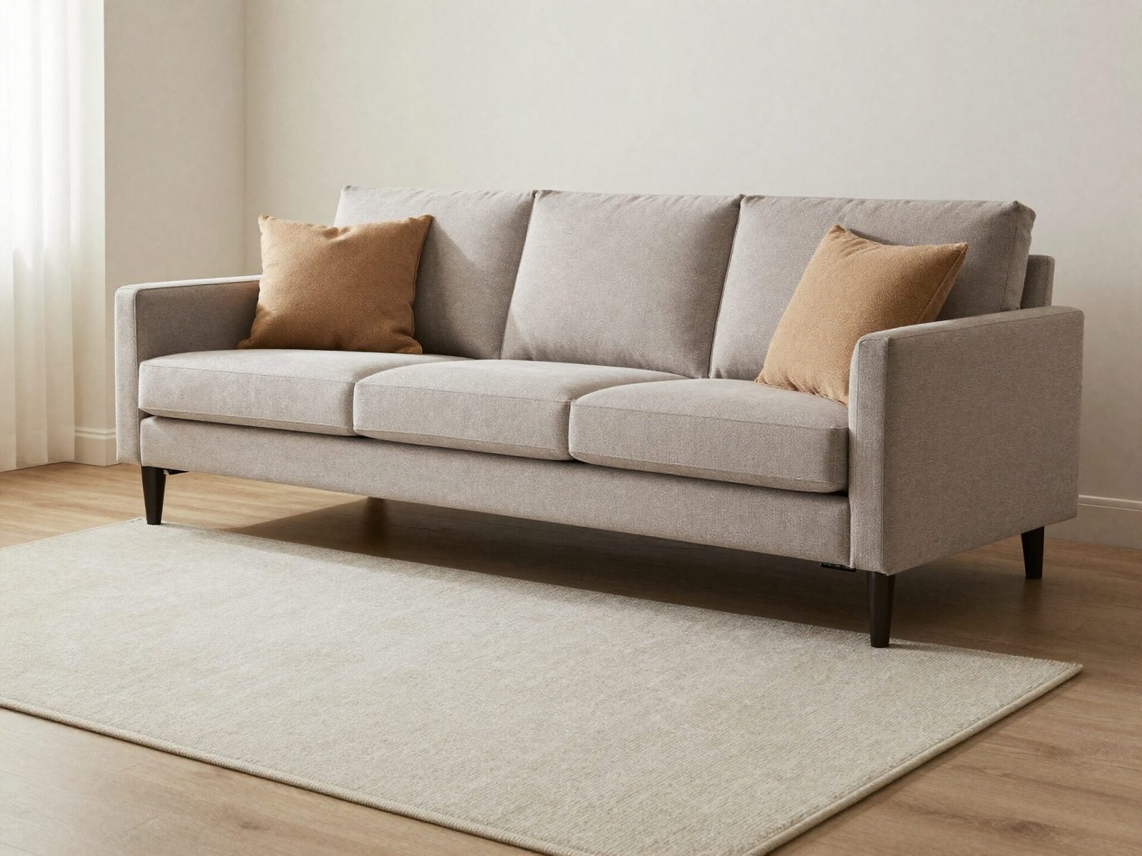 Sofa with front legs on an area rug and back legs resting on bare floor