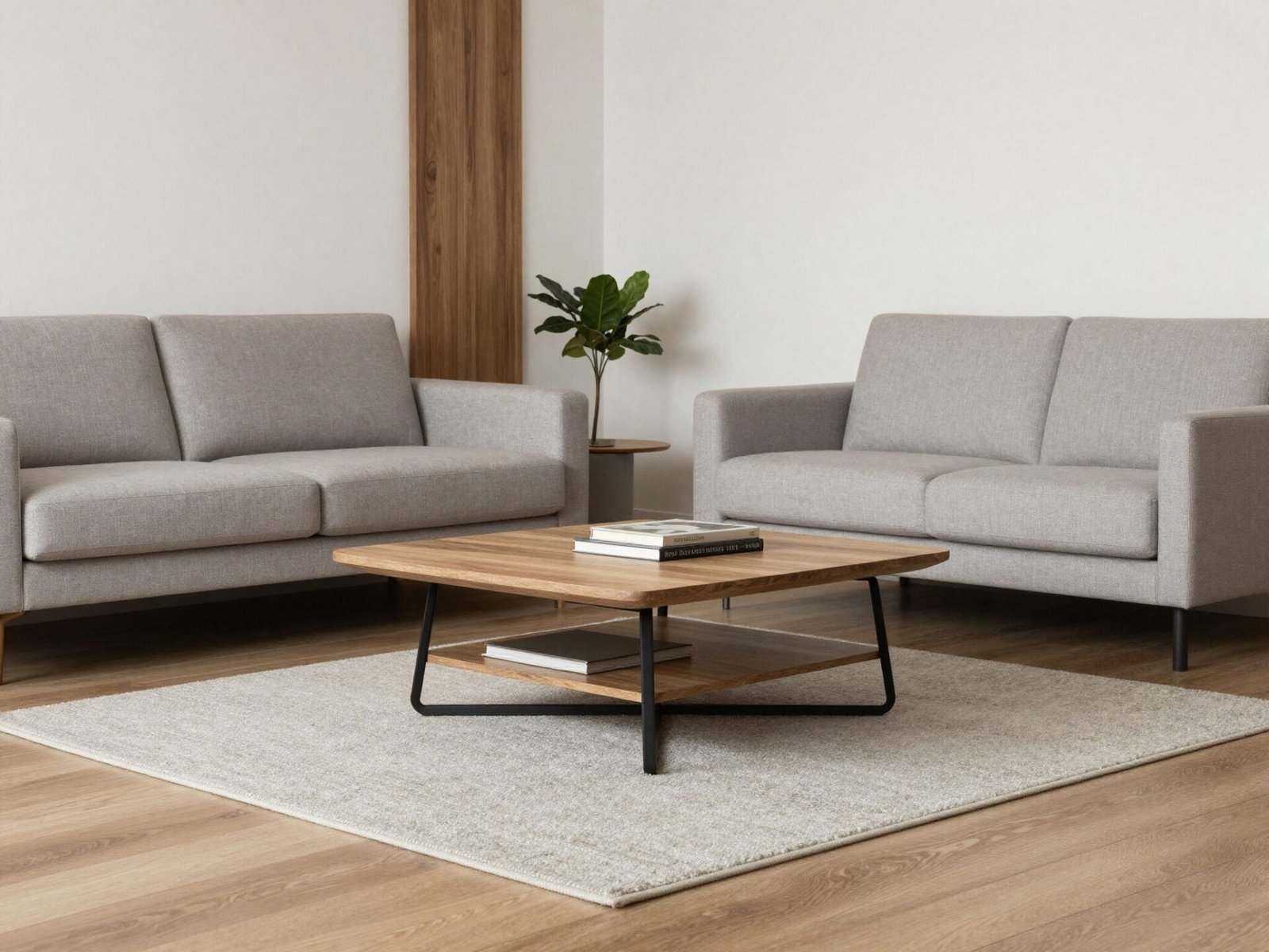 Small compact rug floating under a coffee table with no furniture legs touching it