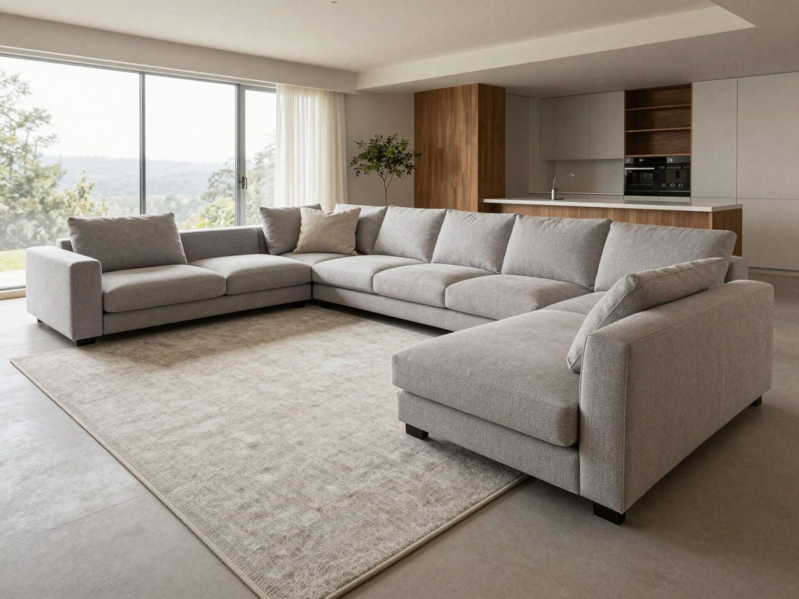 L-shaped sectional sofa fully placed on a large area rug