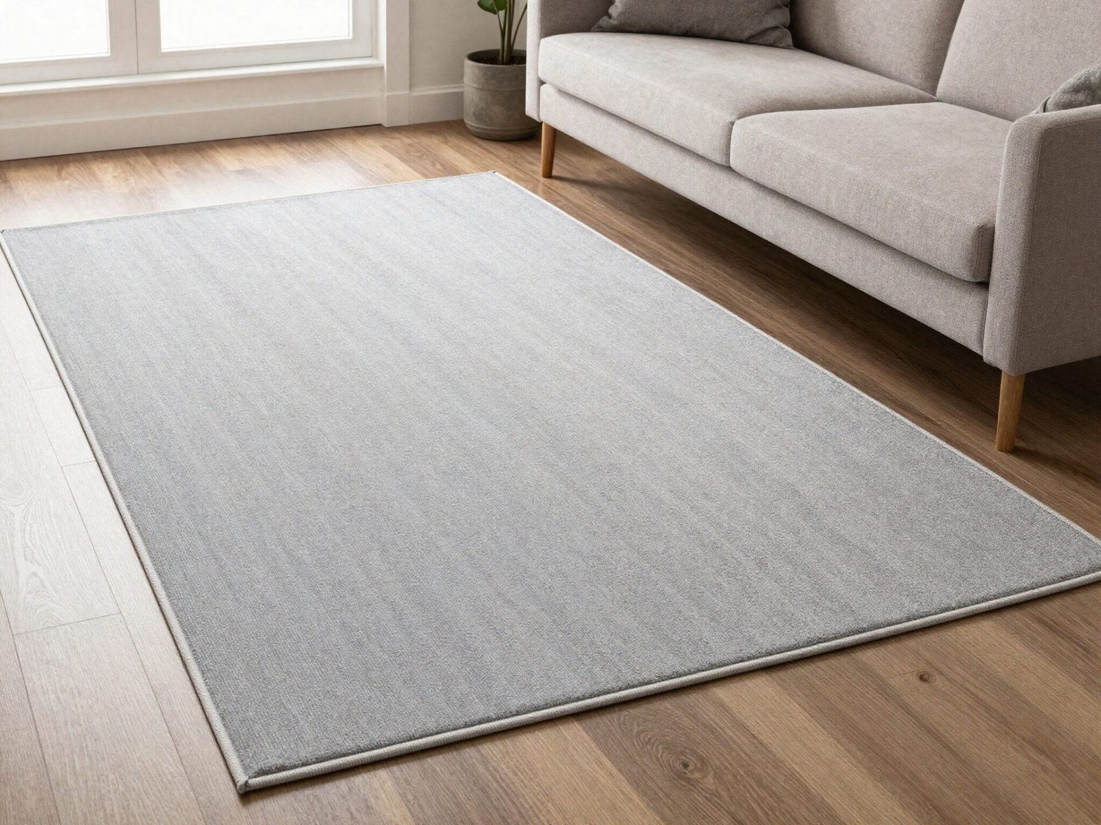 Living room rug extending past the width of a sofa on both sides