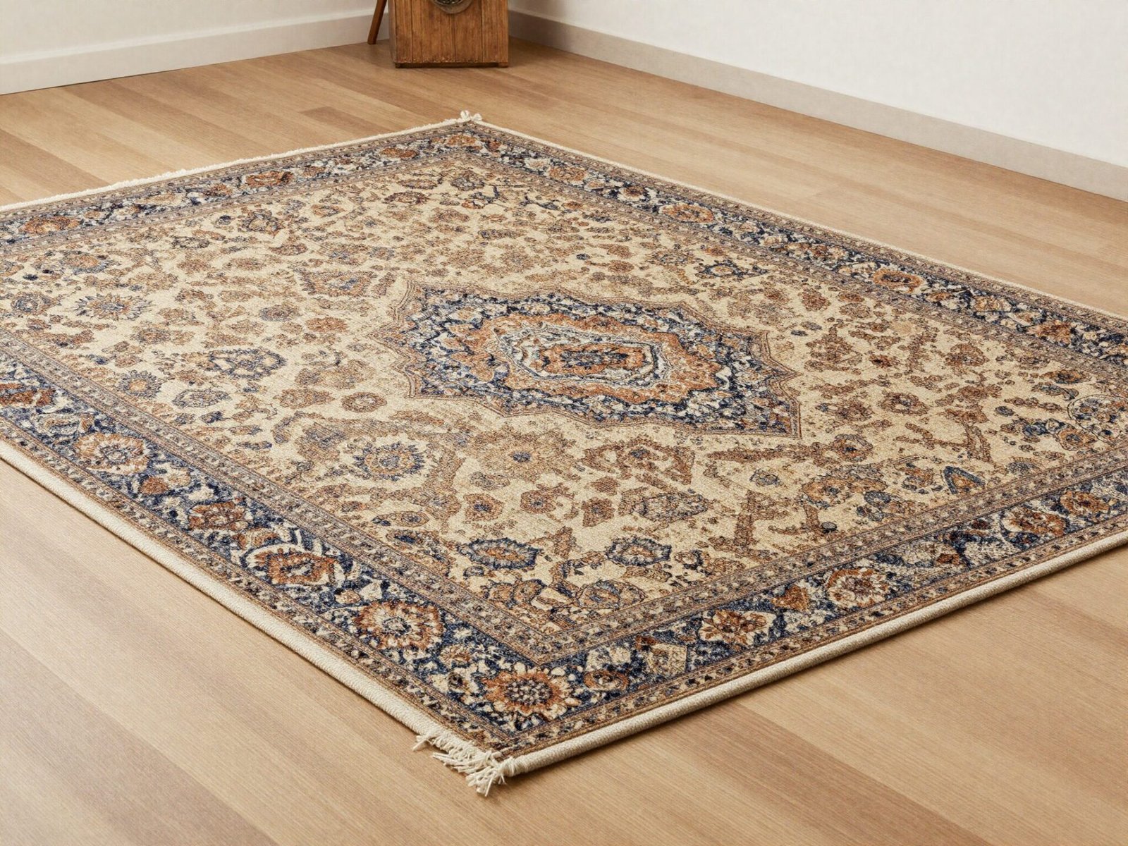 Patterned rug layered over a larger flat jute rug in a living room