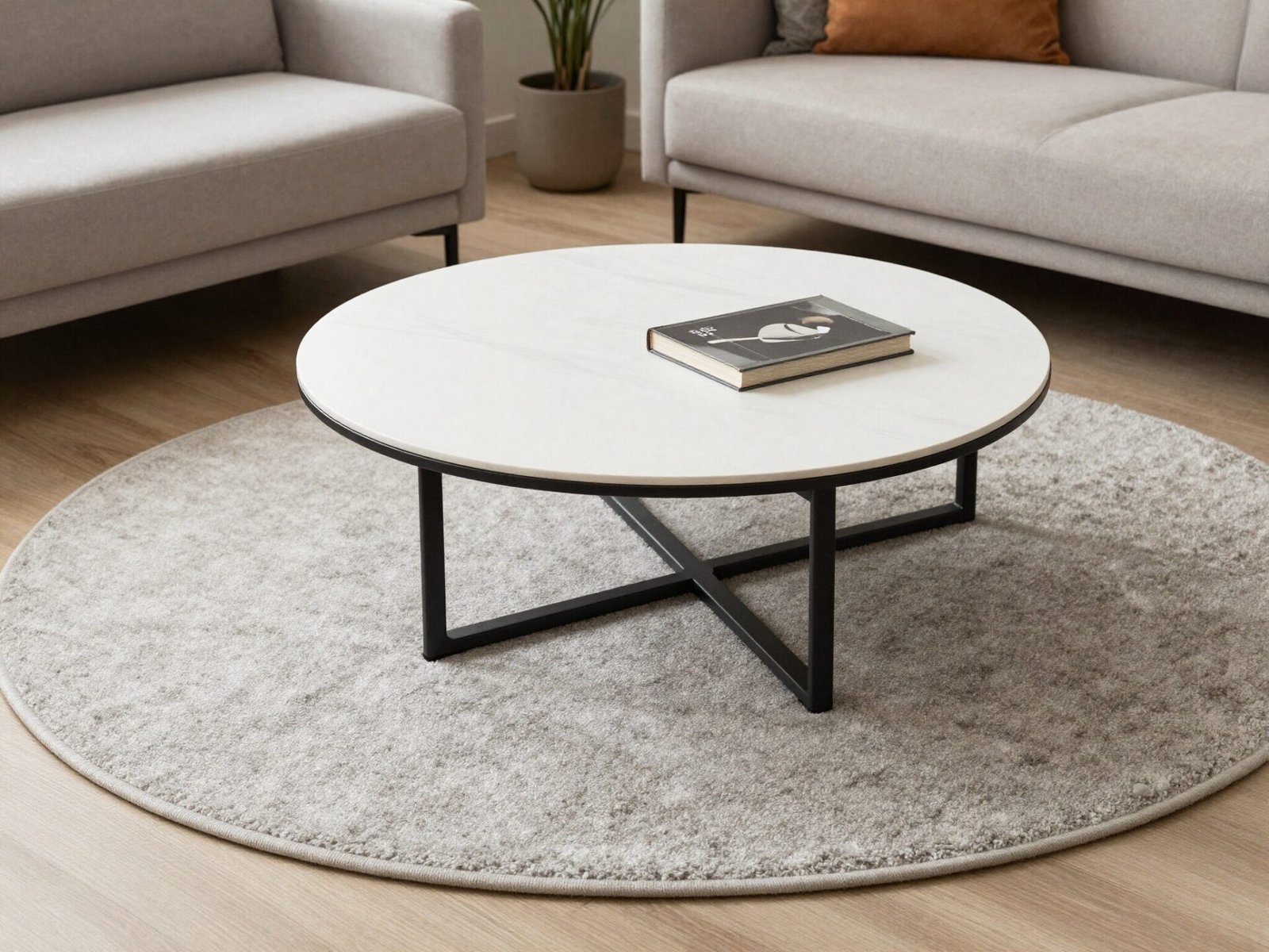 Round area rug positioned under a round coffee table with furniture legs off it