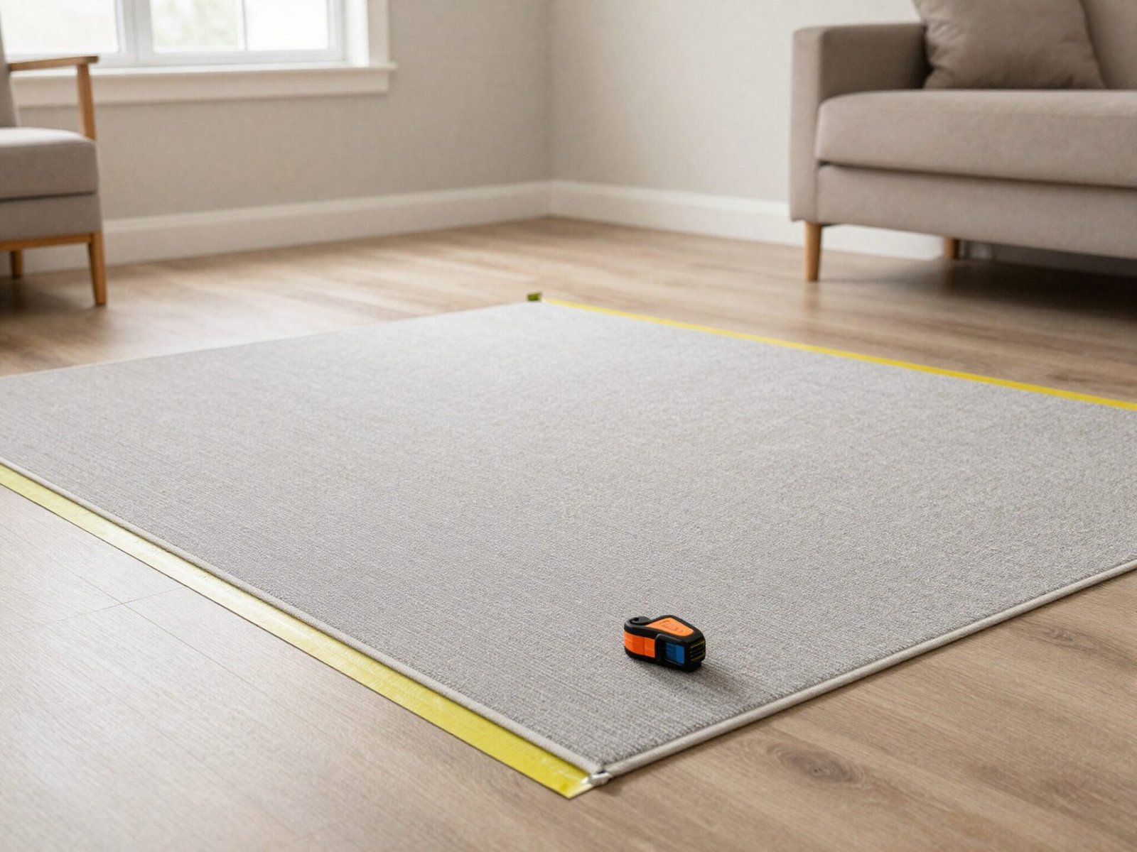 Painter's tape outlining a rug size on an empty living room floor