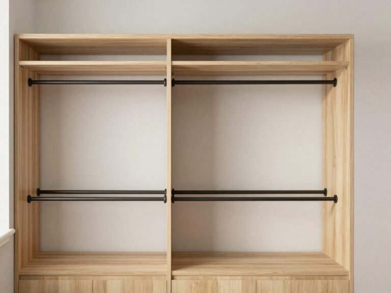Closet with a single rod section beside a double stacked rod section
