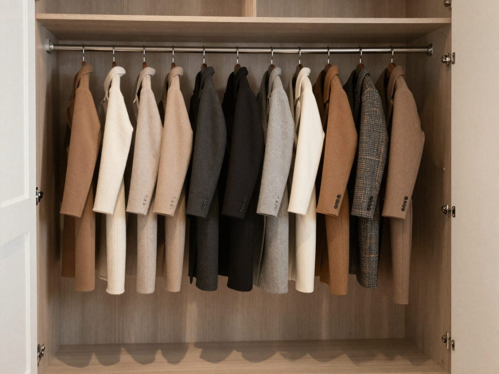Single closet rod hanging long coats and dresses clearing the floor