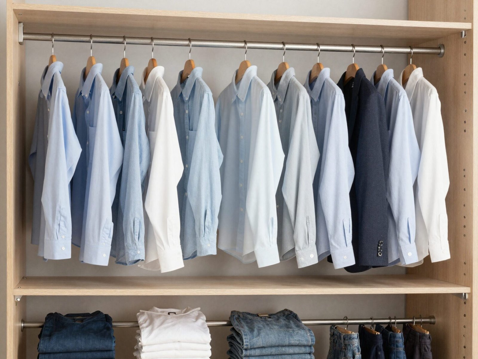 Double rod closet system with shirts on the upper rod and pants on the lower rod