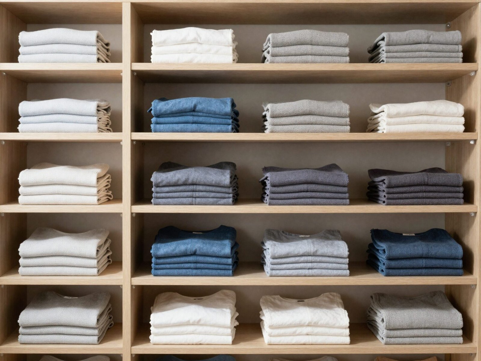 Vertical stack of closet shelves evenly spaced holding folded sweaters