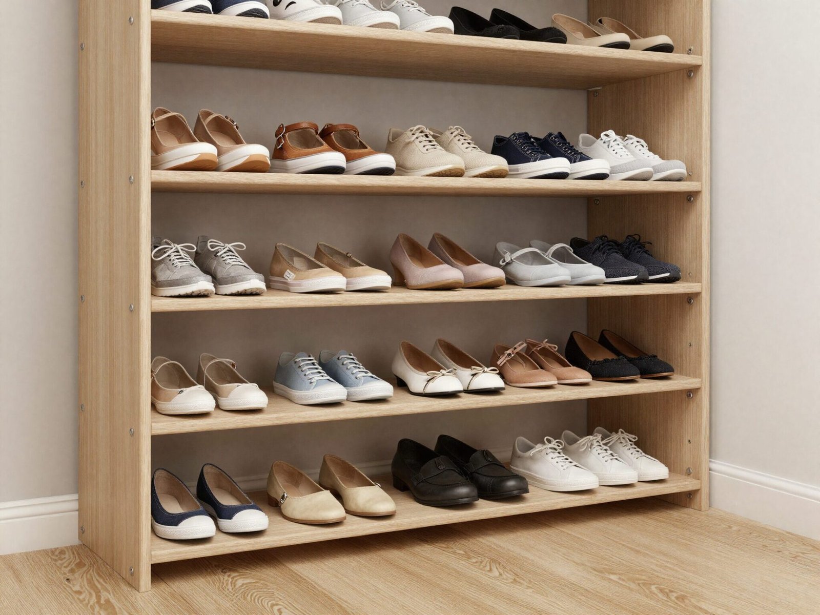 Closet shoe shelf near the floor holding organized rows of shoes
