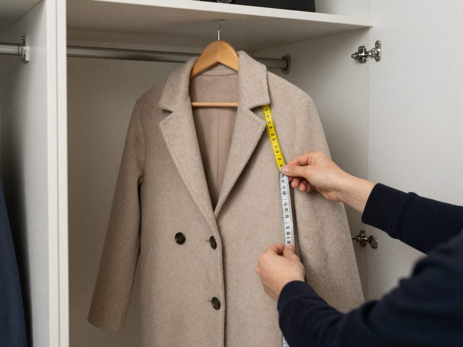 Person measuring the length of a long coat with a tape measure
